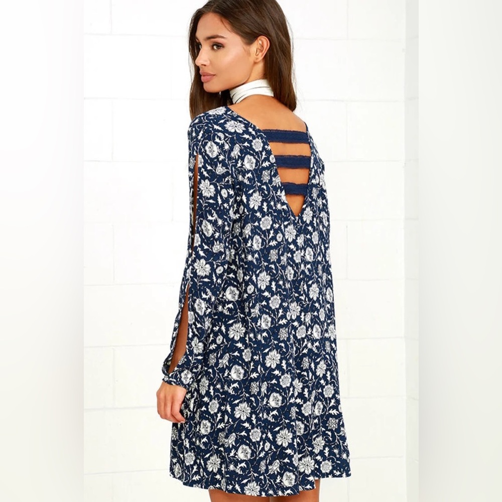 Others Follow Alura Navy Blue Floral Print Swing Dress